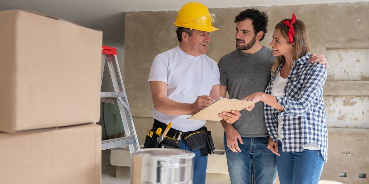 home-renovation-kingston-1 A home renovation contractor and a couple are standing in a room with boxes and a ladder.