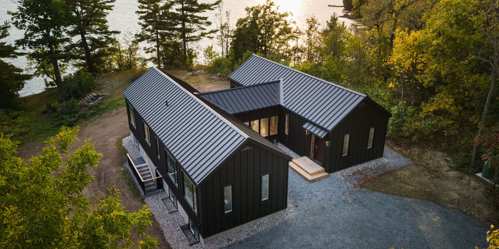 default birds eye view, against Lake Loughborough - Photo from our custom home built project - Loughborough Lake New Home Build in South Frontenac, Ontario custom home by Your Kingston Contractor