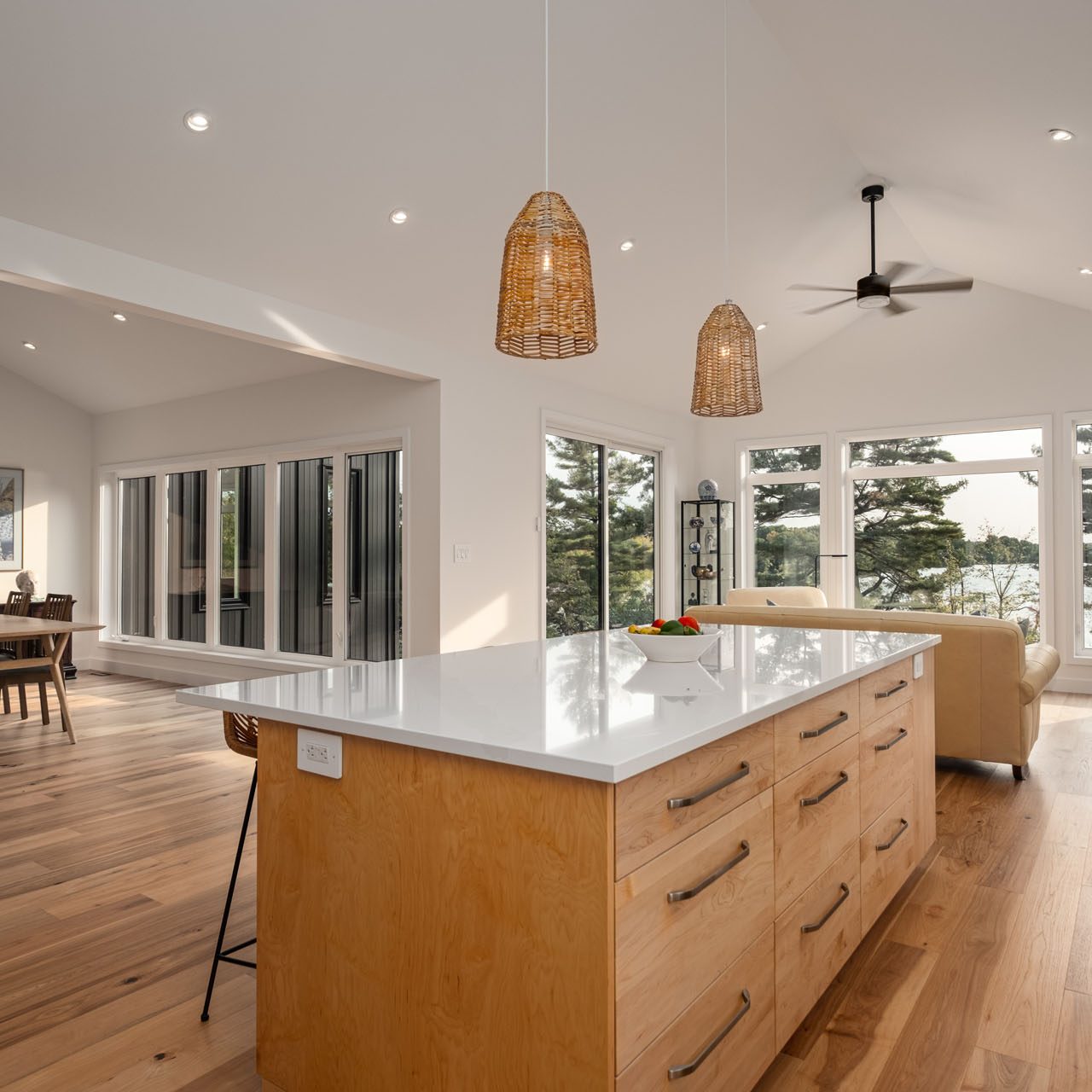 kitchen view with large oak and White Island - Photo from our custom home built project - Loughborough Lake New Home Build in South Frontenac, Ontario