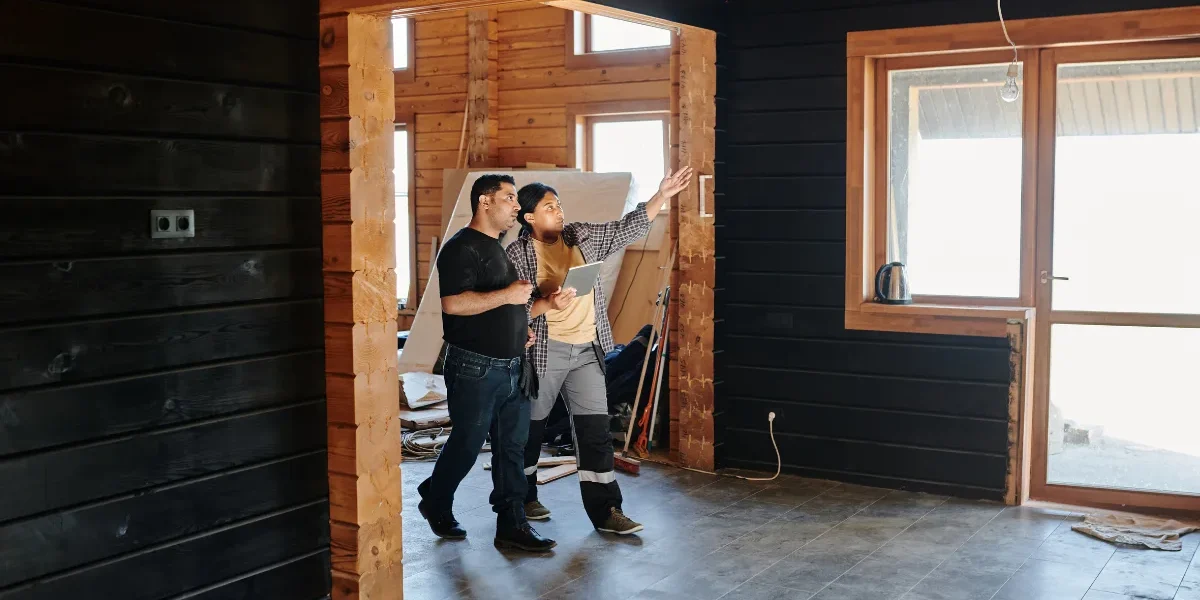 build up or out. 1 A couple standing in an unfinished house.