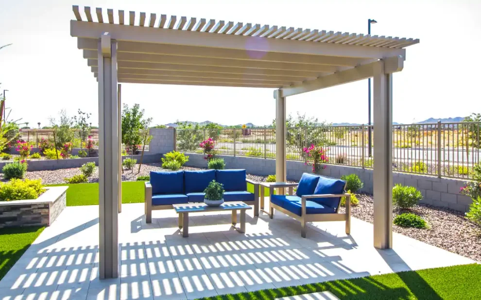 Outdoor covered patio area in a backyard