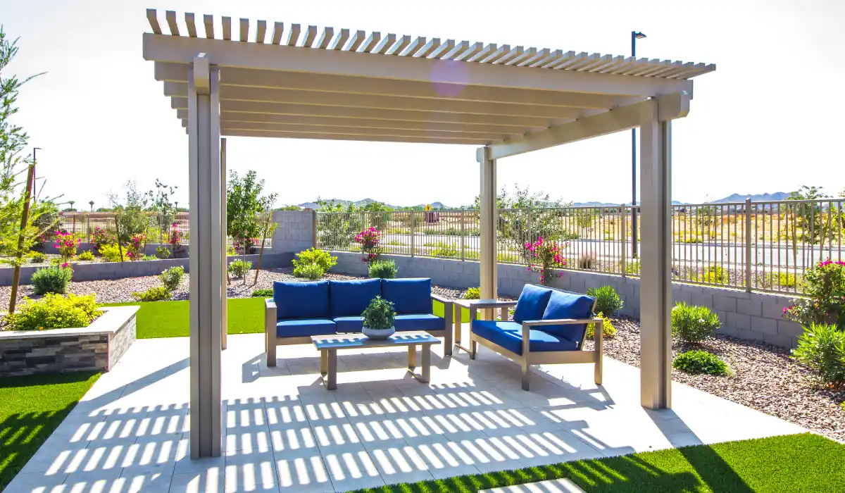 Outdoor covered patio area in a backyard