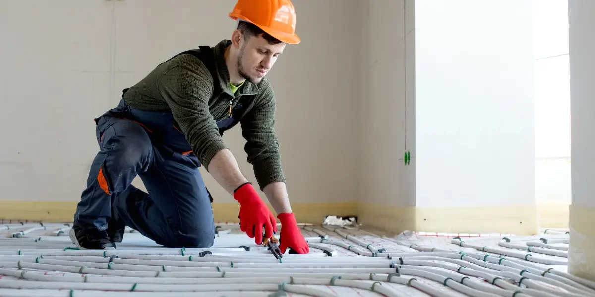 A contractor is installing heated floors inside a living room