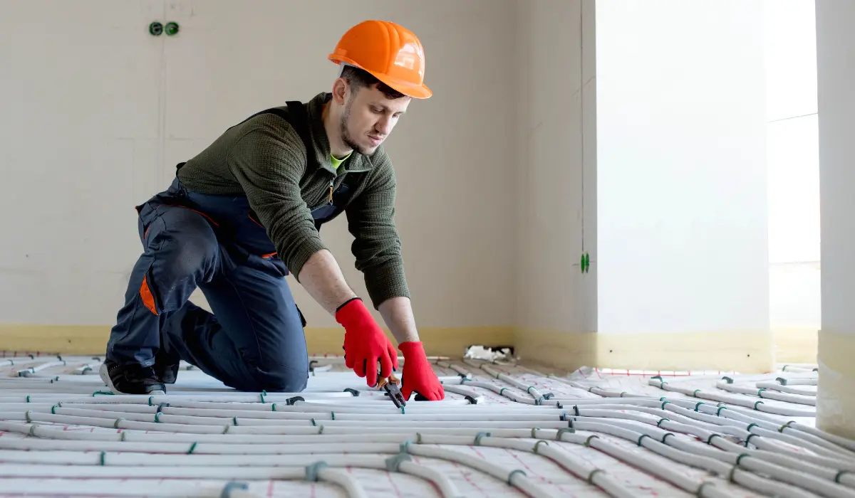 A contractor is installing heated floors inside a living room