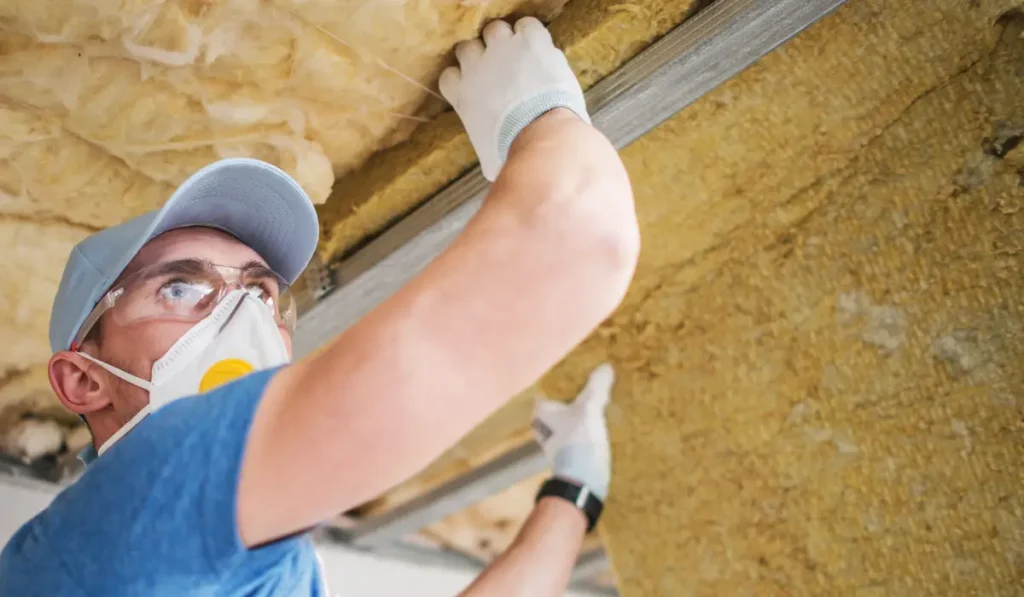 a contractor is wearing a mask while inspecting mineral wool panels under the siding.