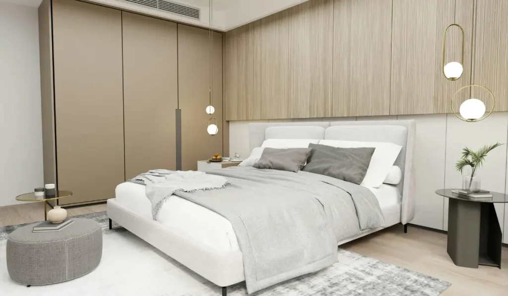 queen bed in a basement