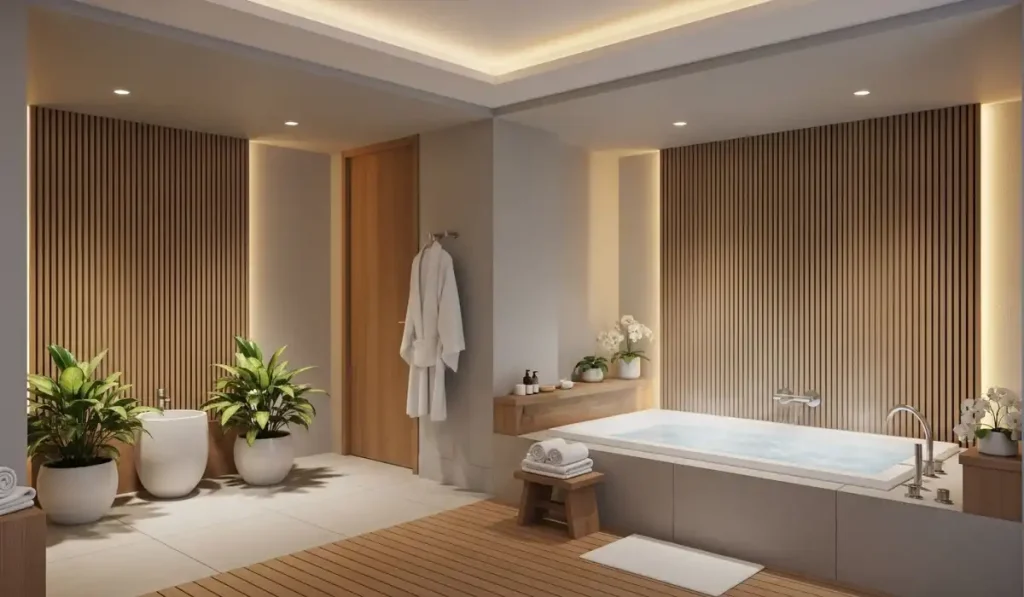 Spa style bathroom with indoor plans and a bathrobe hanging on the wall.