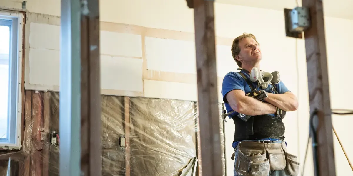 a builder looking up at the ceiling,