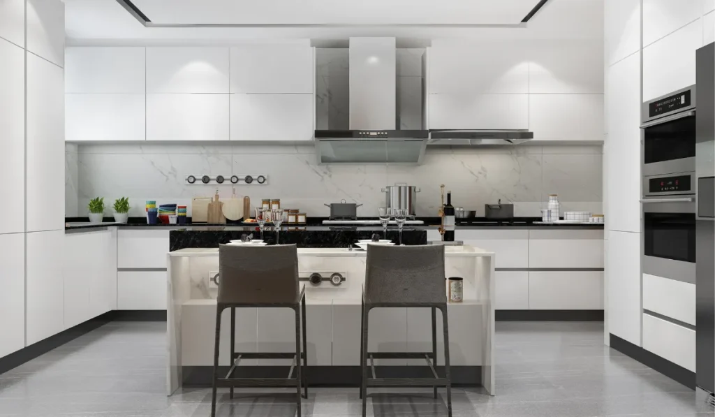Modern white kitchen with sleek cabinetry, central island seating, built in appliances, and clean minimalist design.