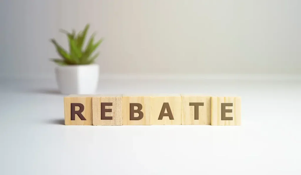 Wooden blocks spelling rebate on a clean white surface with a plant in the background.