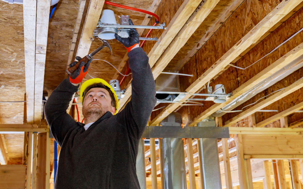 contractor fixing the electrical space and wiring for lighting